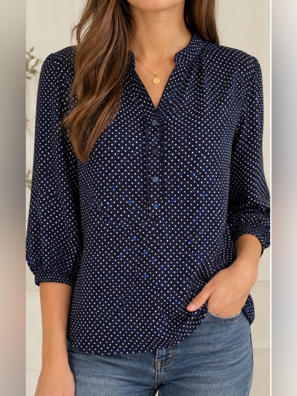 Ben Sherman 100% Silk Women’s Blouse – Navy Blue Polka Dot – Size L